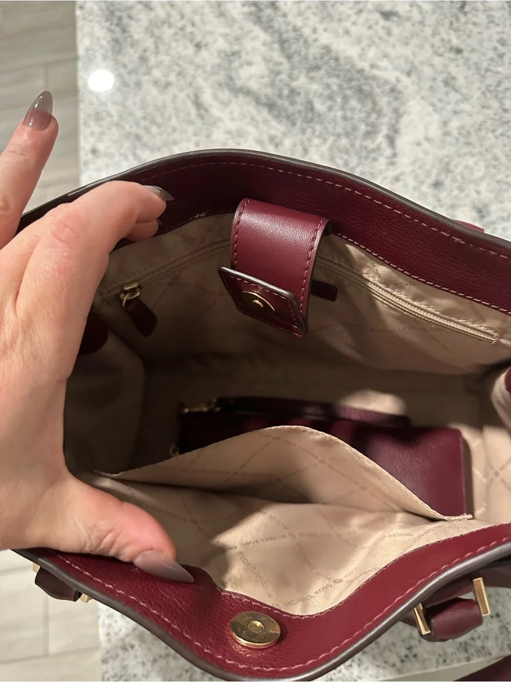 Michael Kors Wine Leather Satchel with Gold Accent with matching wallet